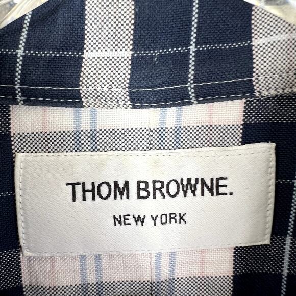 Thom Browne Navy Blue White Plaid Button Down Long Sleeve Shirt XL 4 - Picture 4 of 8